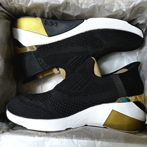 Skechers x Mark Nason Black & Gold Wedge Crescent Women's Slip-On Sneakers, 7.5